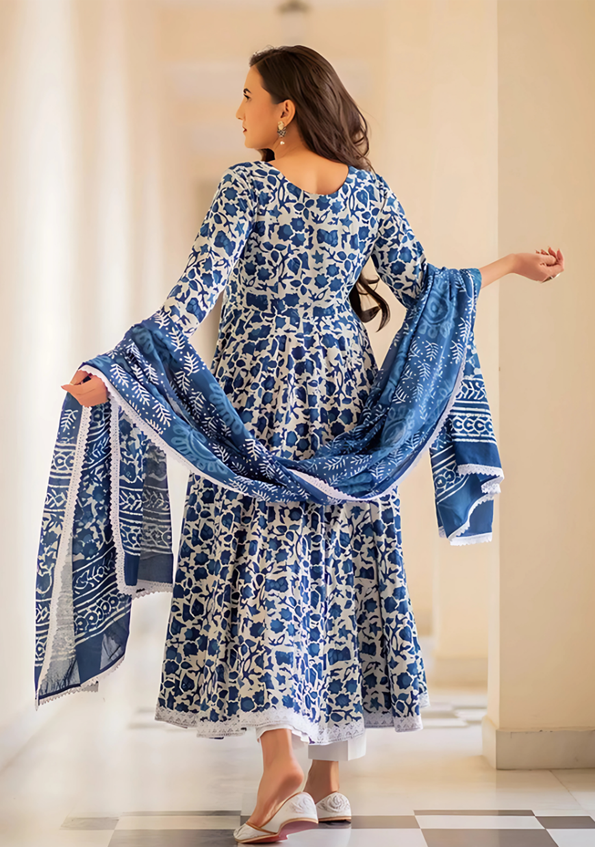 Blue Printed Cotton Kurta Set